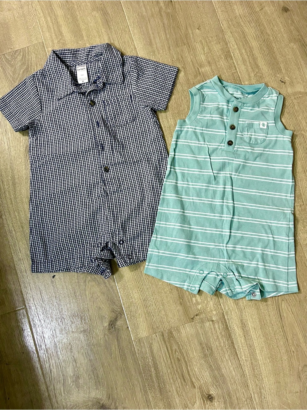 2-Piece Baby Romper Set - Navy Gingham & Mint Stripe